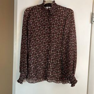 Cabi Knife Pleat 3952 Balloon Sleeve Mock Neck Pink/Purple Floral Blouse